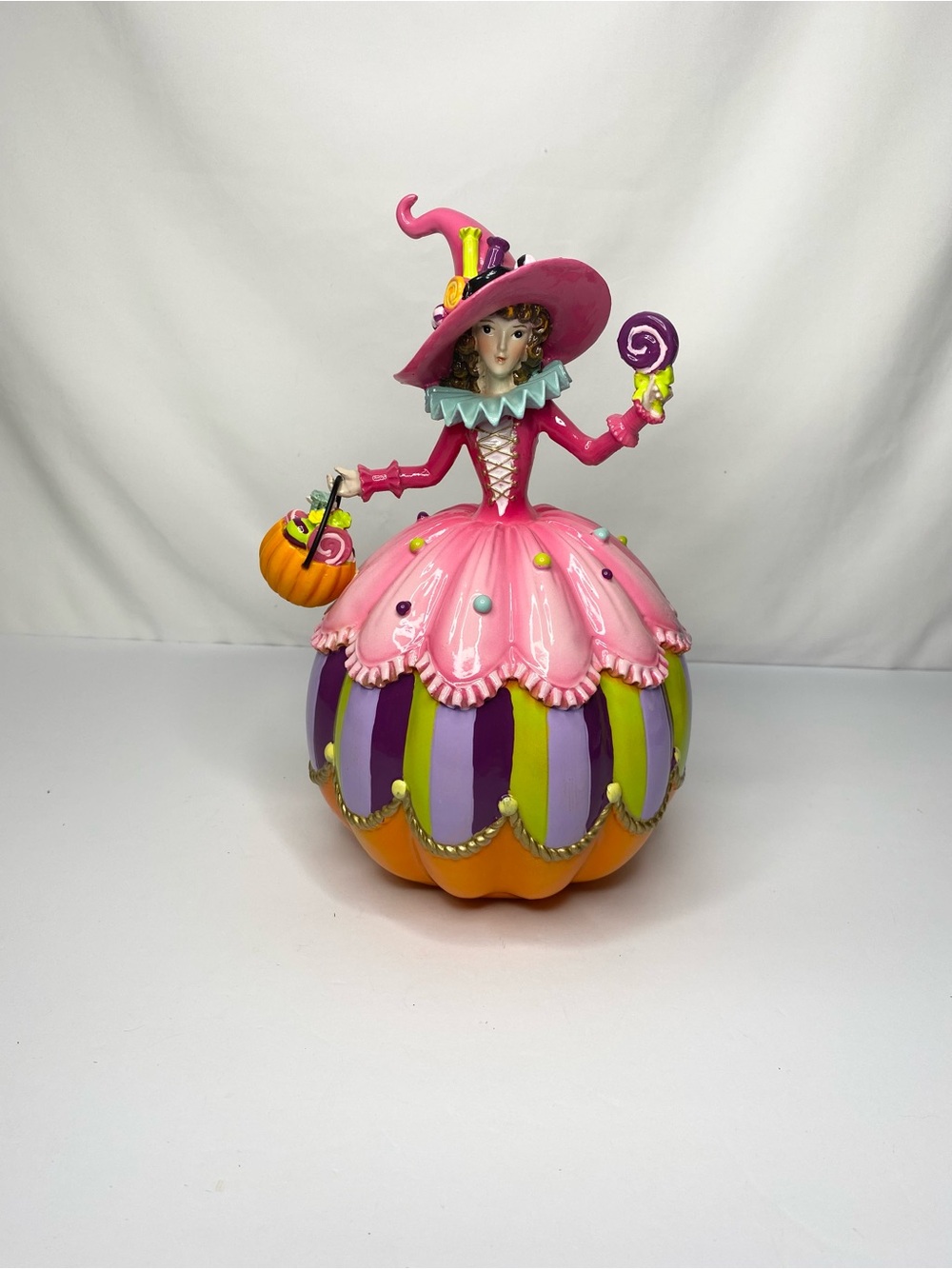 Whimsical Halloween Pink Fairy Witch Pumpkin Candy Base Figurine 10.5"